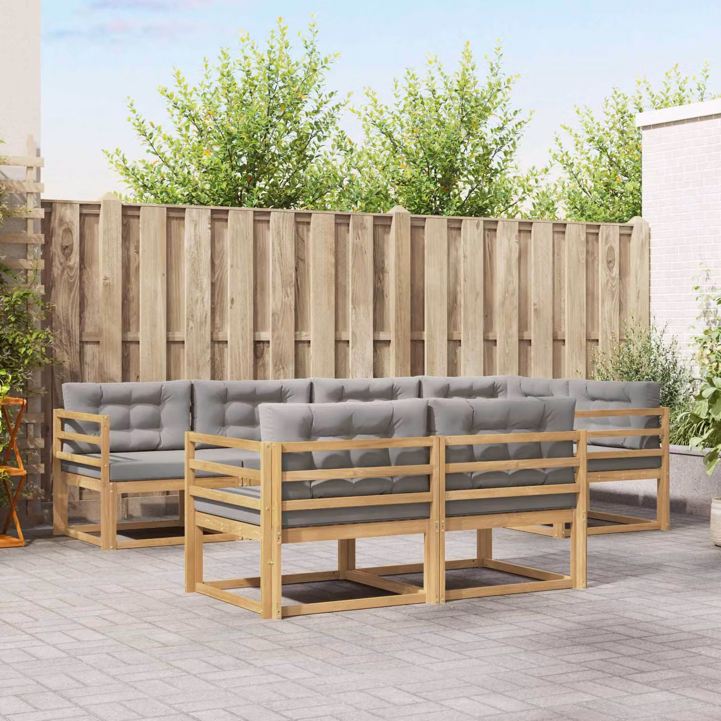 Set di divani da esterno a forma di L vidaXL in legno di acacia con cuscini, 6 pezzi, Bianco e Grigio