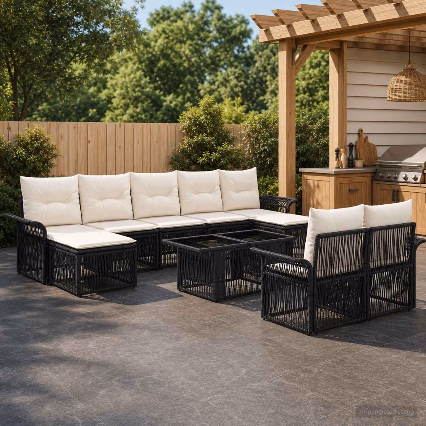 Set Divano da Giardino vidaXL 10 Pezzi in Polyrattan Nero e Bianco con Cuscini e Tavolino da Esterno a Forma di U