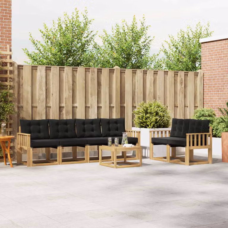 Set di divani da esterno vidaXL 7 pezzi in legno di acacia con tavolino e cuscini, Bianco, Nero e Marrone