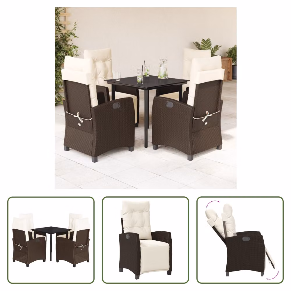 The Living Store Set da pranzo da giardino 5 pezzi con cuscini in polirattan marrone