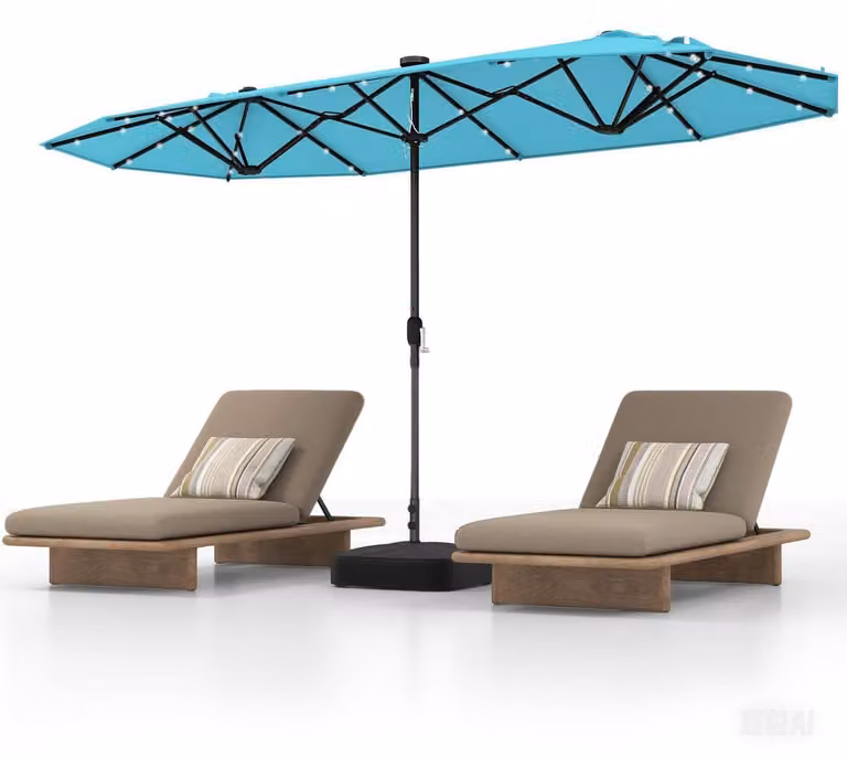 Ombrellone doppio, dimensioni 400 x 200 cm, con illuminazione solare a LED, struttura e manovella, protezione solare UPF 50+, colore turchese