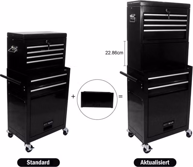 Cassettiera portautensili OKWISH in acciaio con 6 cassetti con serratura e ruote per garage e officina, colore nero