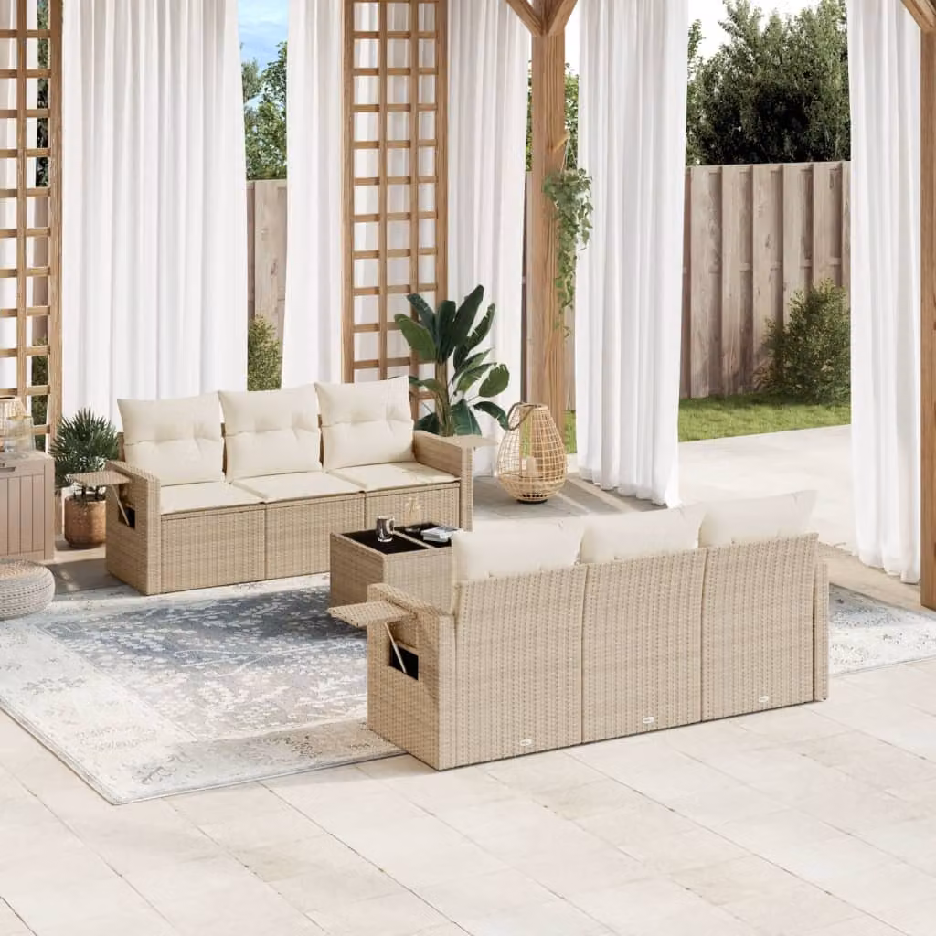 vidaXL Set Divani da Giardino 7 pz a Forma a L con Cuscini Beige e Tavolino in Polyrattan e Acciaio – 1