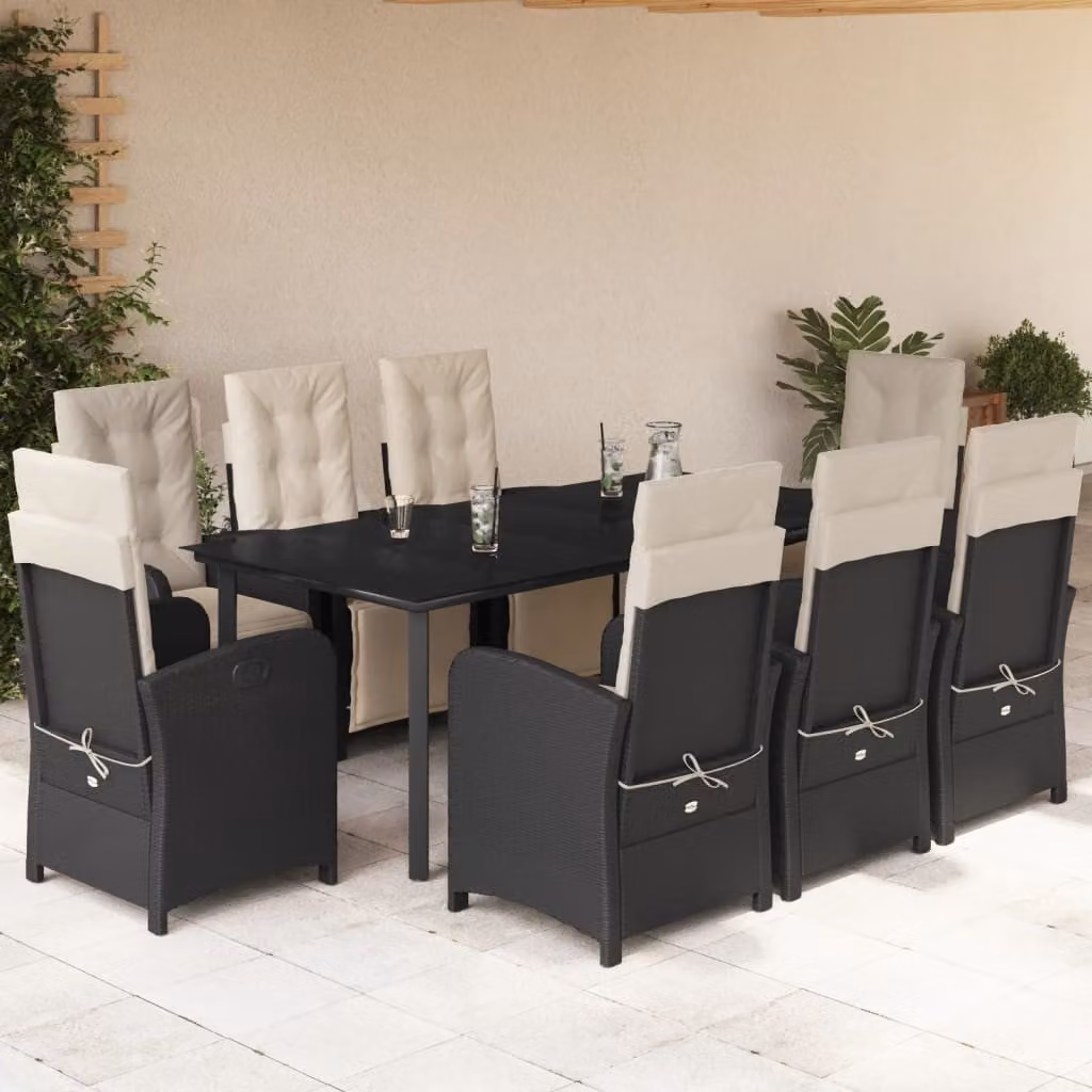 Set da Pranzo da Giardino vidaXL in Polyrattan Nero con Cuscini e Tavolo in Vetro, 9 Pezzi – 1