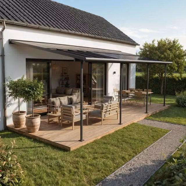 Pergola addossata Palram Canopia Sierra Cabrio in alluminio e policarbonato, colore grigio, L: 9,2 m x P: 3 m – 1