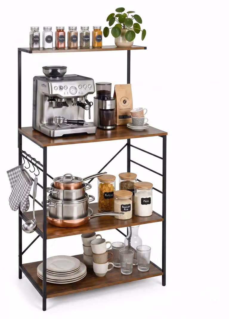 Ripiano portaoggetti per cucina Relaxdays, con 4 ripiani e ganci, dimensioni: 123 x 60 x 40 cm, realizzato in MDF e ferro, stile industriale, ideale come scaffale per panettiere, colore marrone/nero