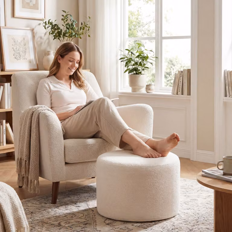 Pouf ottomano rotondo Costway in tessuto bouclé beige e bianco, poggiapiedi moderno imbottito con copertura rimovibile, Diametro: 45 cm, Altezza: 35 cm