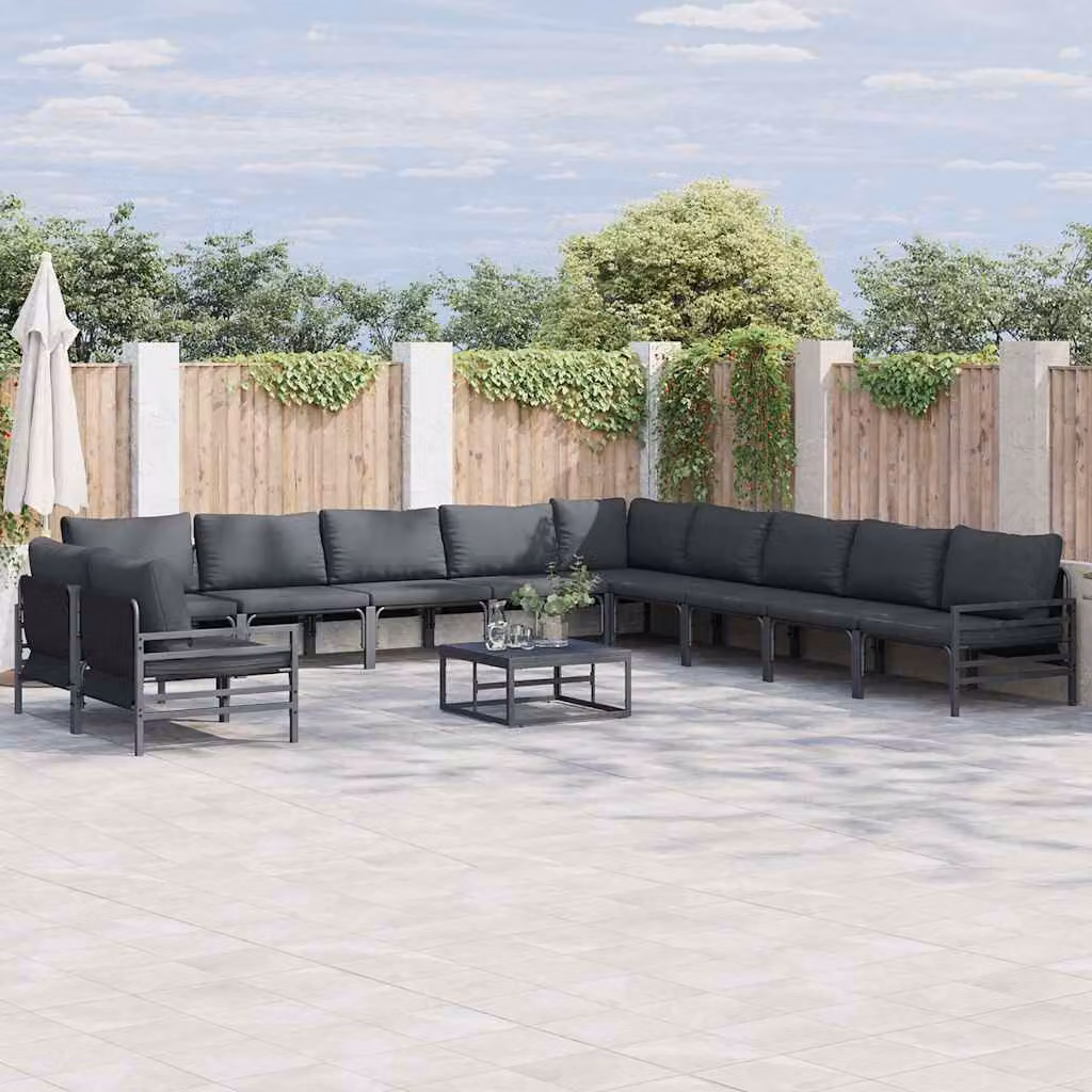 Set Divano da Giardino vidaXL 11 Pezzi a Forma di L con Cuscini Antracite e Acciaio Verniciato a Polvere
