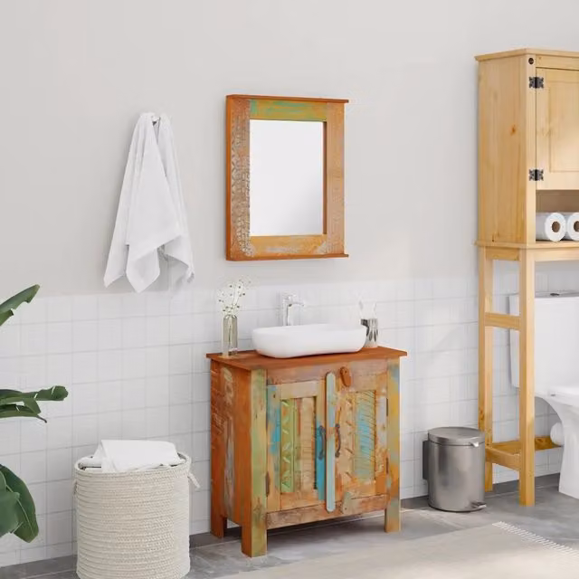 Armadietto in Legno di recupero solido per Bagno con Specchio 241134