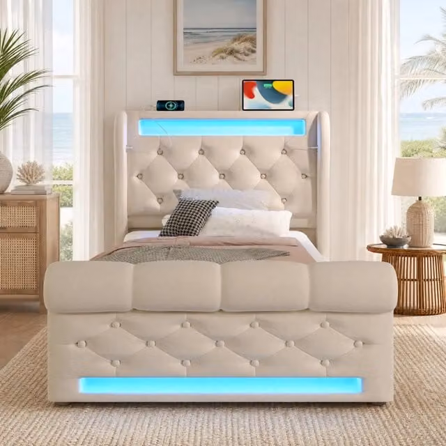 Letto contenitore singolo 90×200 cm con LED, USB e Type-C, testiera imbottita, senza materasso, velluto beige