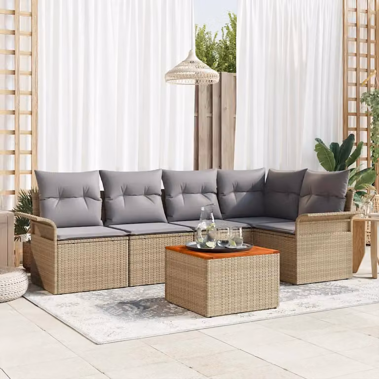 Set Divano da Giardino vidaXL 6 Pezzi in Polyrattan Beige con Cuscini e Tavolino da Caffè