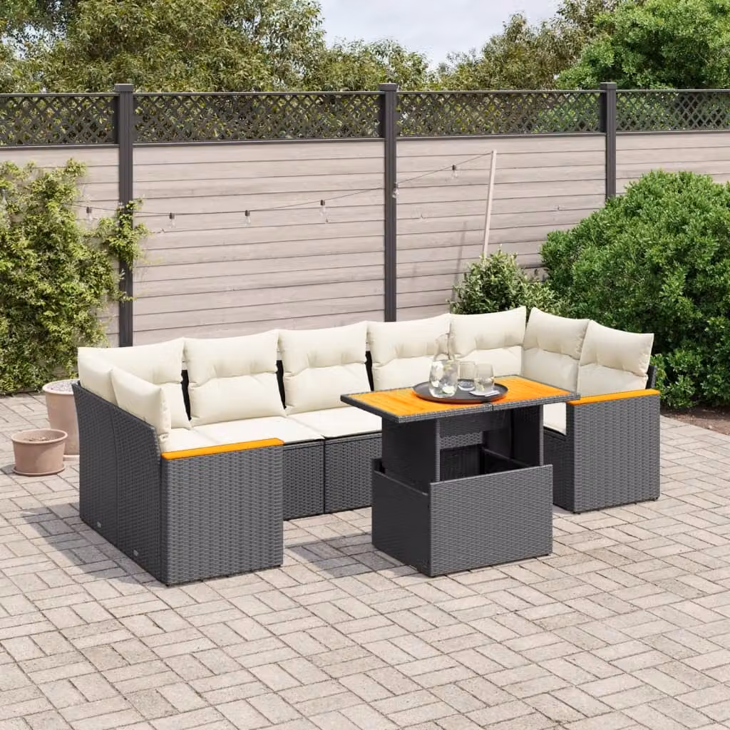 Set Divani da Giardino a L vidaXL in Polyrattan Nero con Cuscini e Tavolino da Esterno 8 pz – 1