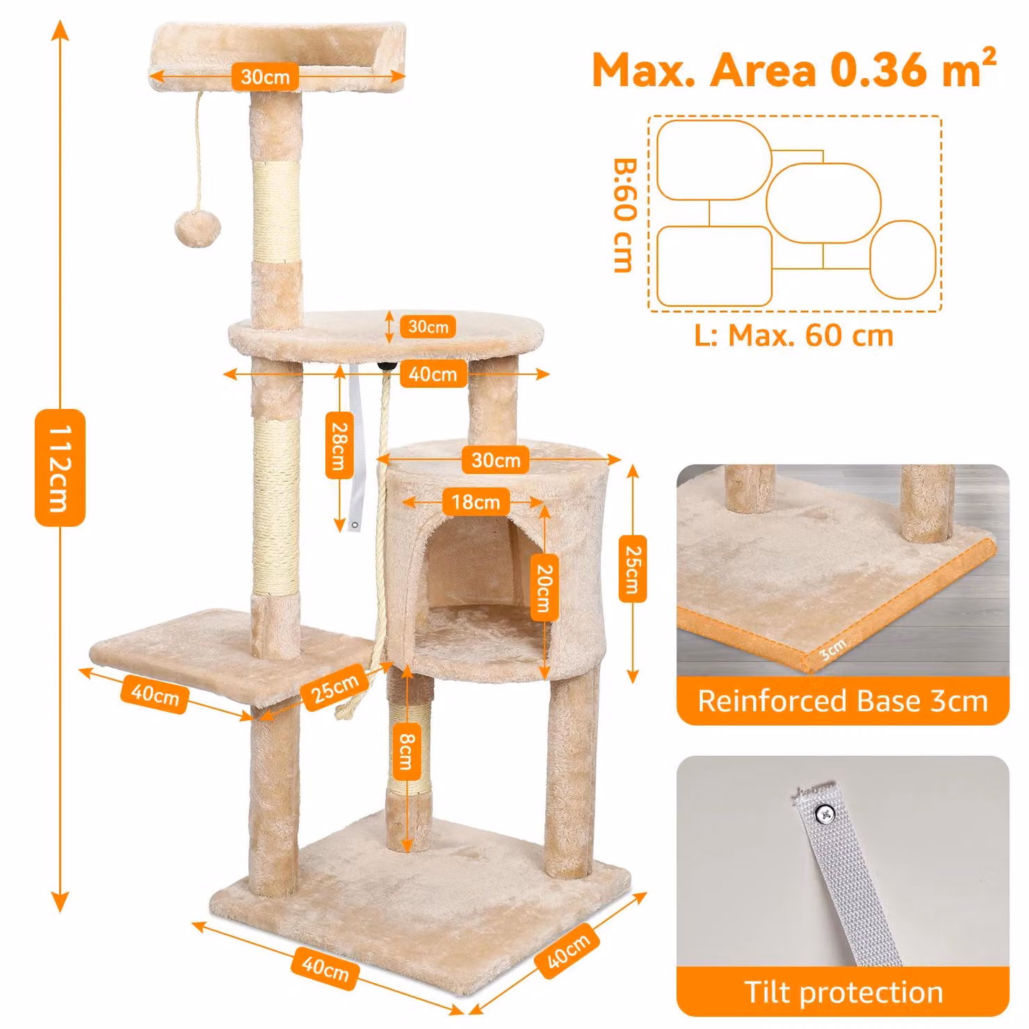 Albero per gatti - Alto albero da interno - 5 livelli o più, pali per graffiare, aree di riposo imbottite e una cuccia - Realizzato in legno - Modello PE00113001