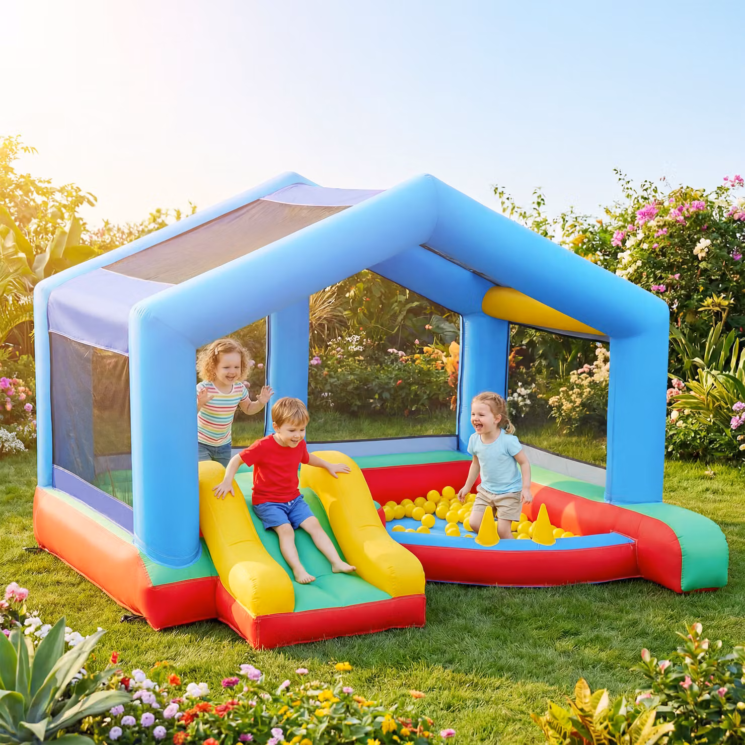 Castello gonfiabile AIYAPLAY per bambini multicolore con scivolo, trampolino, piscina di palline e gioco degli anelli – 2