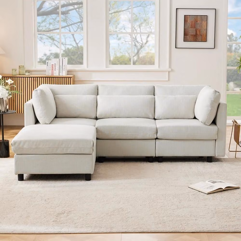 Divano angolare beige - 3 posti - Tessuto in lino - Design moderno - Adatto per adulti