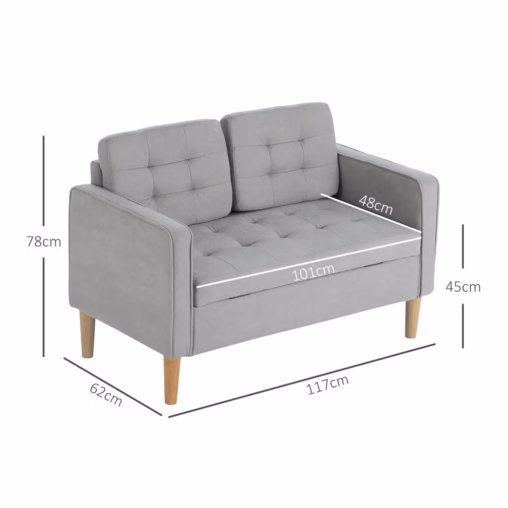 Divano a 2 posti con contenitore WISHDOR in velluto grigio con struttura in legno massello L: 117 cm, P: 62 cm, H: 78 cm – 2