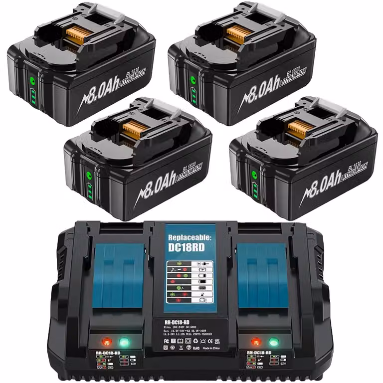 Set di batterie da 18V per utensili elettrici - Batteria di ricambio agli ioni di litio - 4 batterie da 8,0Ah ad alta capacità - Con caricabatterie rapido da 6A - Compatibile con BL1830, BL1815, BL1840, BL1860 - Ricaricabile