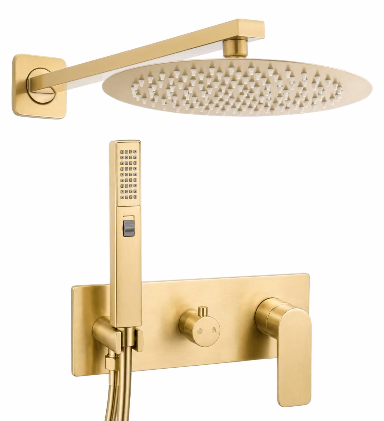 Doccia a due getti, 25 cm, con soffione a pioggia, doccetta manuale, finitura oro spazzolato