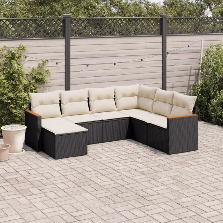 vidaXL Set Divani da Giardino a L con Cuscini 7pz in Polyrattan Nero e Bianco