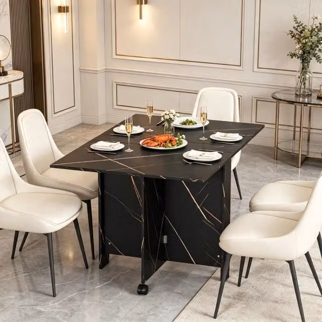 Desviae Tavolo da pranzo pieghevole estensibile con alette e ruote bloccabili in truciolare nero effetto marmo per interni