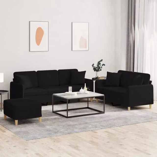 Set di Divani vidaXL in Tessuto Nero con Pouf e Cuscini per Soggiorno Moderno – 1