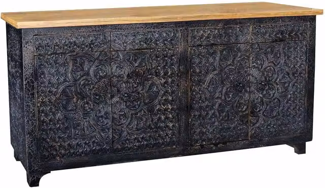 Credenza Wanderlust Deco in legno di mango nero con decorazioni floreali ed etiche L/P/H: 183 x 42 x 92 cm – 1