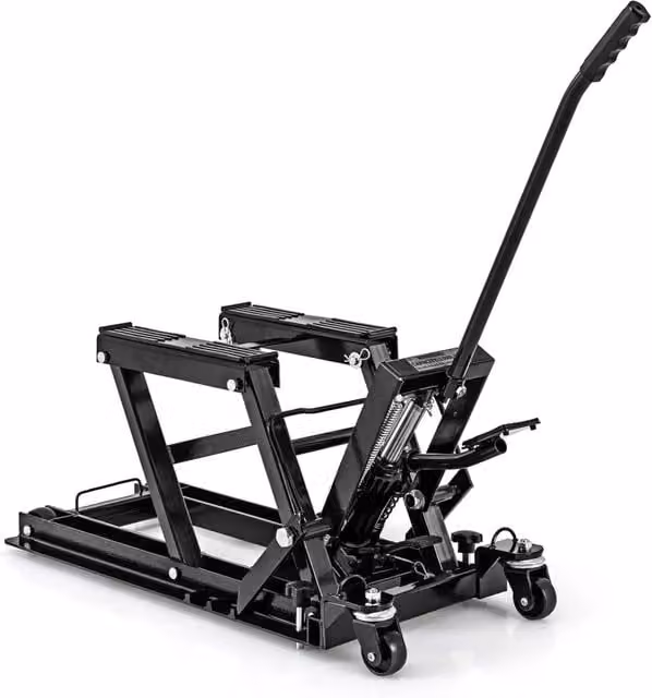 Ponte Sollevatore Idraulico per Moto, Sollevatore Motociclette Fino a 680 kg, Cric Alzamoto con Ruote e Piattaforma Regolabile in Altezza a Pedale Resistente per ATV, UTV per Officina (Nero)