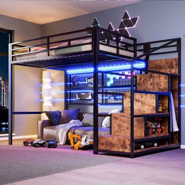 Letto a soppalco con armadio - Zephmum- 140x200cm, struttura in ferro, LED 7 colori, nero