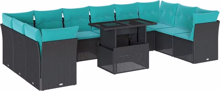 set di divani da giardino da 11 pezzi con cuscini, in polyrattan nero
