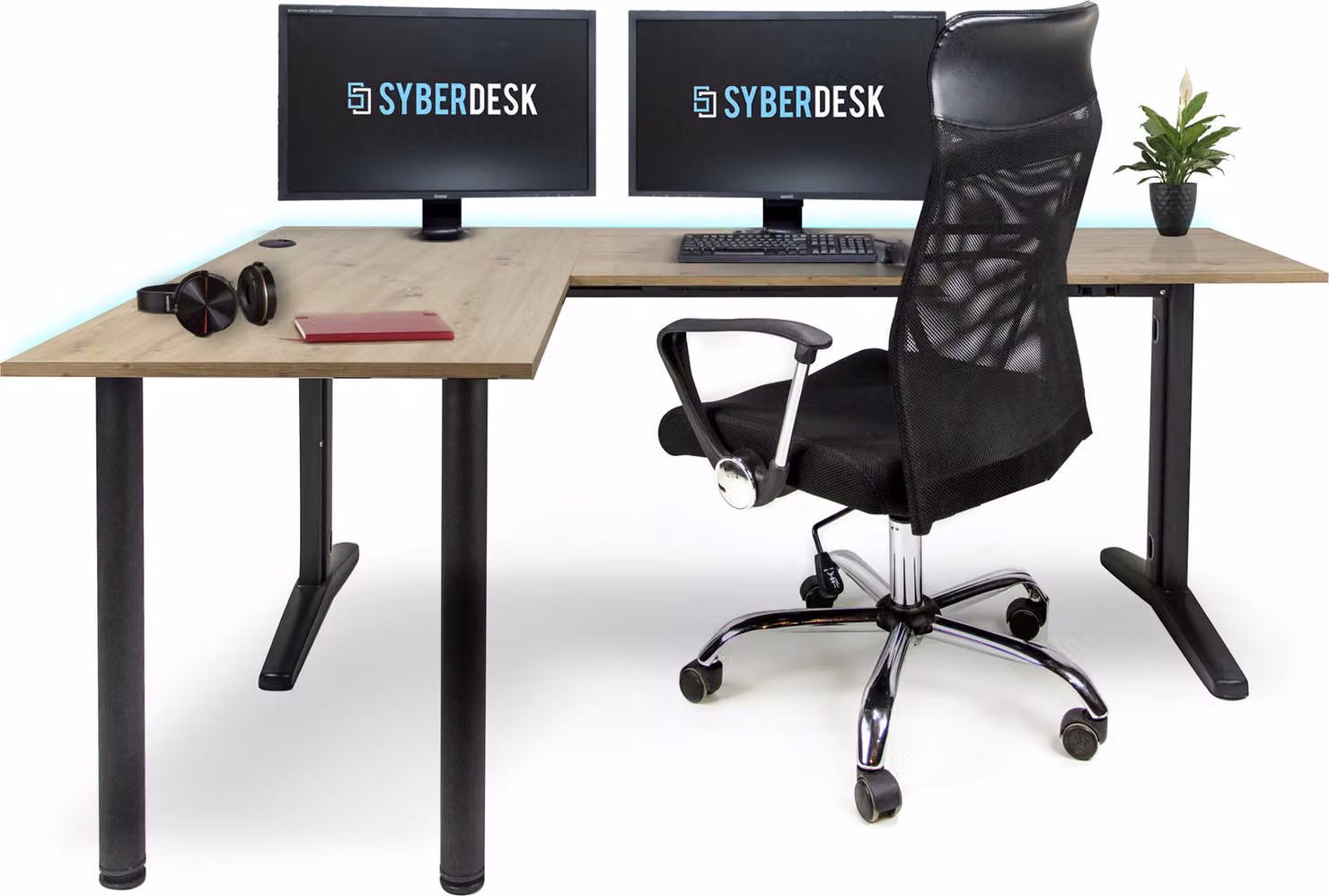 Tavolo da gioco angolare SyberDesk V2 LED, 197 x 132 cm, tavolo da gioco a L RGB, HUB USB, gestione dei cavi, (a sinistra, rovere artigianale)