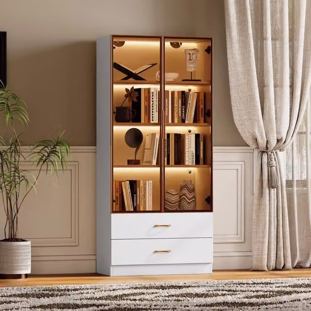 Armadietto da bagno alto Mivray bianco con ante in vetro e ripiani aperti in MDF