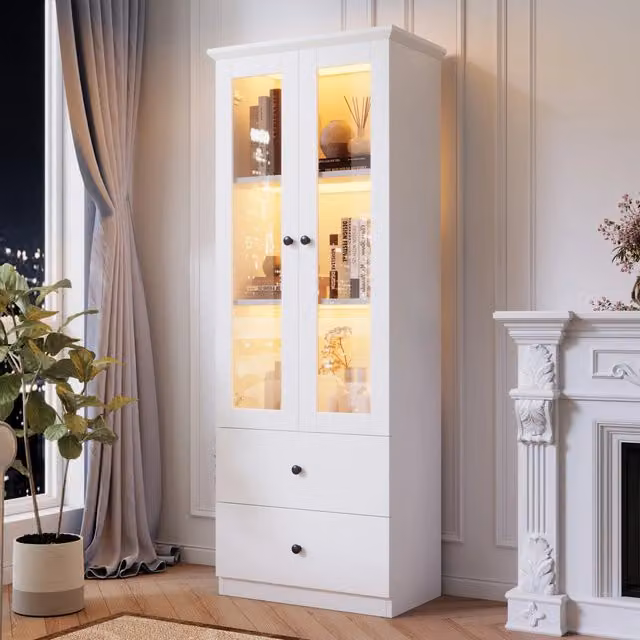 Vetrina moderna in MDF bianco opaco, h 165 cm, con ante a battente, 2 cassetti, ripiani regolabili, porta USB e telecomando 16 colori