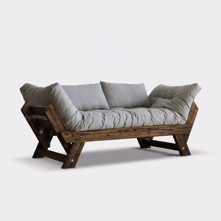 Divano letto in legno SORAI con rivestimento in lino idrorepellente e schienale regolabile - Noce