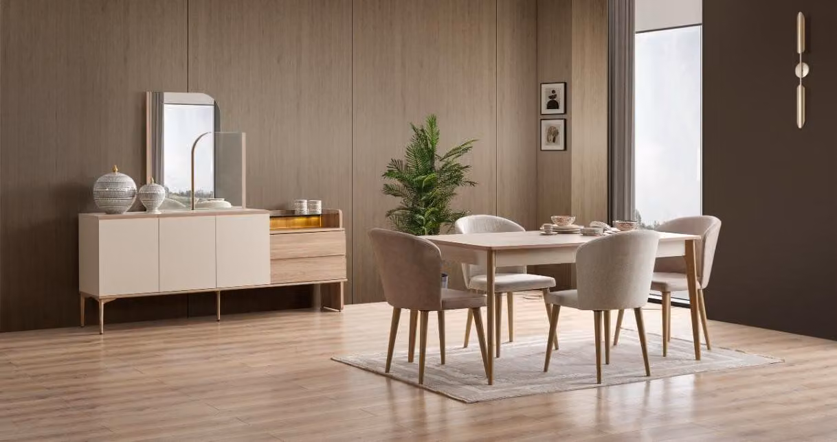 Set da pranzo beige, ideale per la sala da pranzo. Include tavolo, sedie, credenza e specchio. Design moderno ed elegante