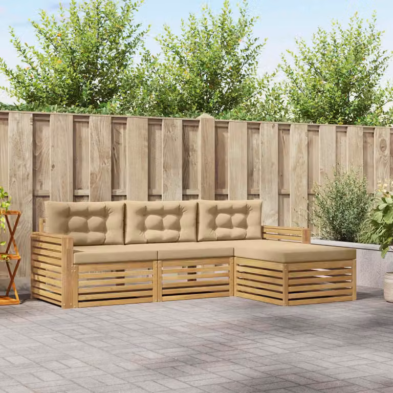 vidaXL Set di divani da esterno a L in legno di acacia con pouf e cuscini, Bianco e Beige