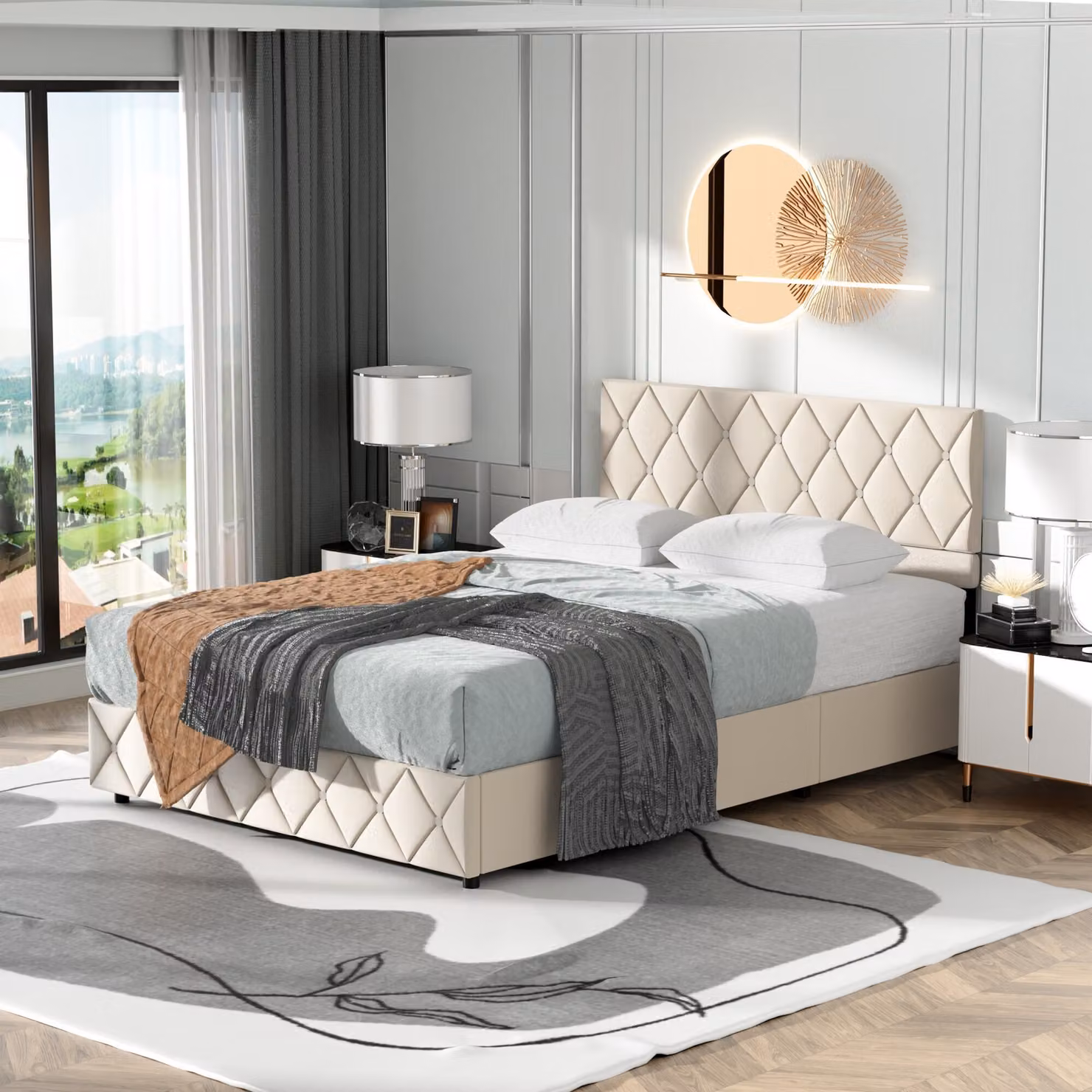 Letto boxspring imbottito MODFU 140 x 200 cm con contenitore idraulico e struttura con vano portaoggetti, velluto beige (materasso escluso)