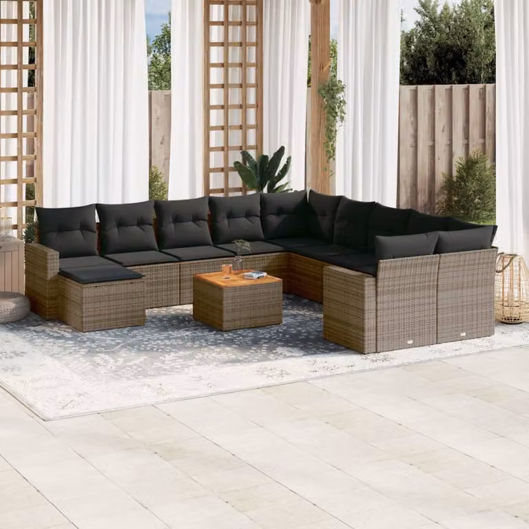 vidaXL Set di Divani da Giardino a L in Polyrattan Grigio con 12 Pezzi e Cuscini