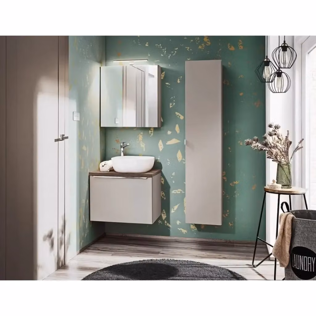 Set bagno Meublorama VANTA beige con mobile sottolavabo, lavabo da appoggio, colonna di stoccaggio, specchio e illuminazione LED – 2
