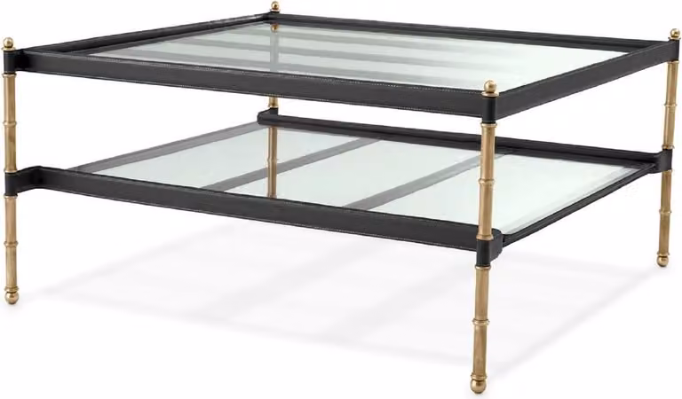 Tavolino Casa Padrino in ottone vintage/nero 89 x 87,5 x h. 44 cm - Tavolino da salotto con piano in vetro e vera pelle - Mobili da salotto - Mobili per hotel - Mobili - Arredi