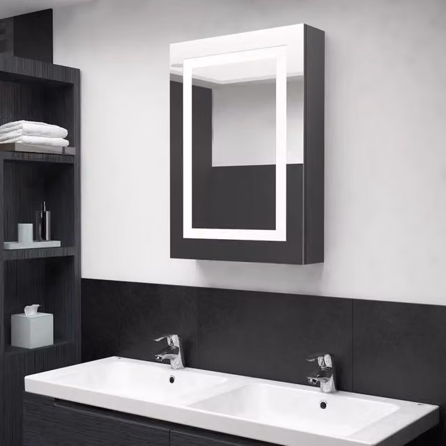 Armadietto da bagno con specchio e illuminazione LED VIDAXL, Grigio Lucido, L: 50 cm, P: 13 cm, H: 70 cm