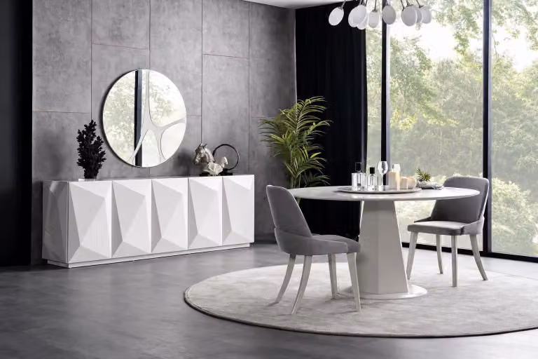 Set da pranzo bianco-grigio, tavolo da cucina di design, sedie