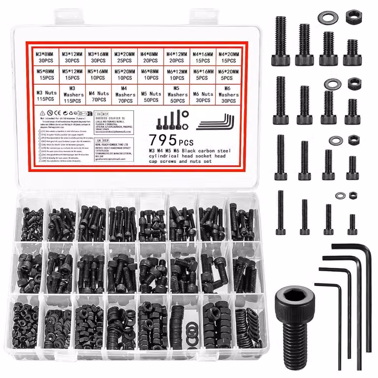 Set di viti e dadi da 795 pezzi, Acciaio al carbonio nero, dimensioni M3-M6, completo di rondelle e chiavi a Esagono