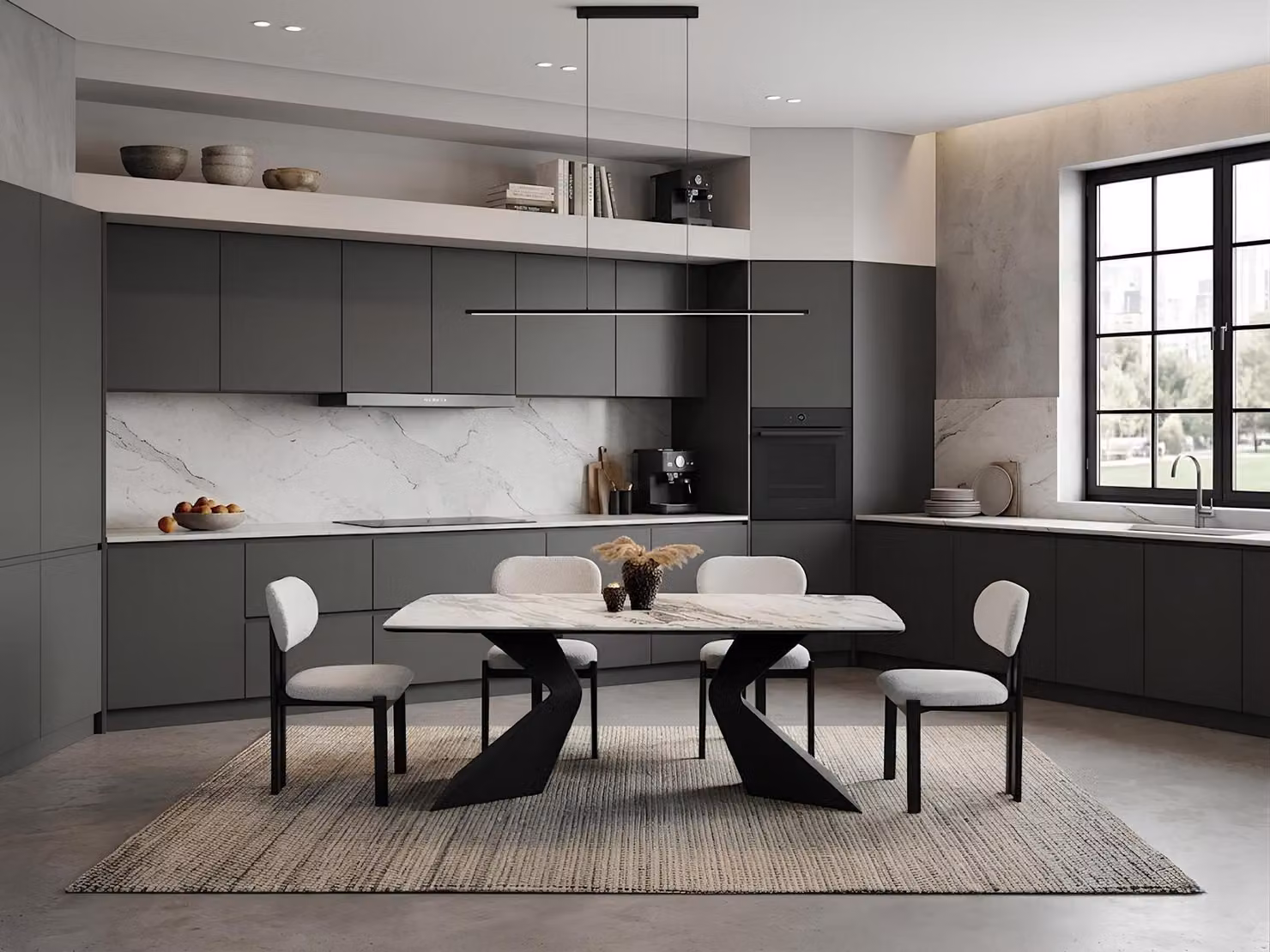 Set per sala da pranzo: tavolo da pranzo e 4 sedie, design moderno, colore bianco, elegante, raffinato e versatile