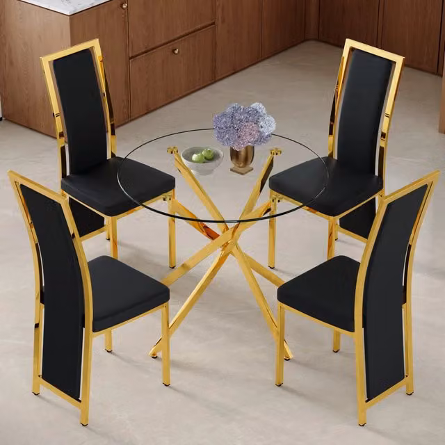 Set tavolo da pranzo rotondo in vetro temperato con 4 sedie in PU nero e oro