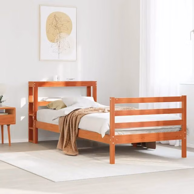 Struttura Letto in Legno di Pino Design Mania, Colore Marrone Cera, con Doghe Fisse e Ripiani Laterali, L/P/H: 190 x 75 x 82 cm