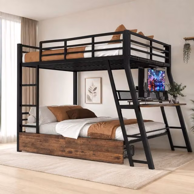 Letto a soppalco 140x200 cm con scrivania LED e cassetti