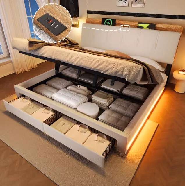 Letto matrimoniale contenitore 180x200 cm con cassetti; USB-C; LED; lino beige