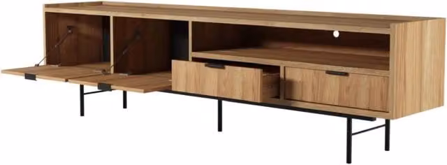 Mobile TV Con 2 Ante A Ribalta 2 Cassetti E Vano A Giorno Con Passacavo Design Minimal In Melaminico 200 X 40 X 55 Cm Rovere