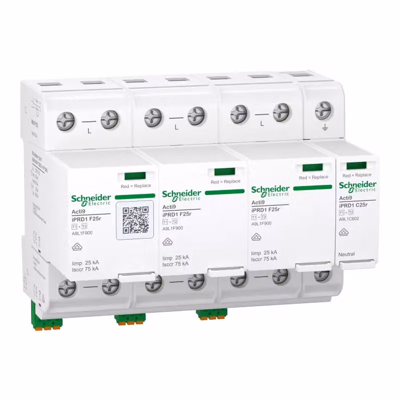 Scaricatore combinato Schneider Electric, Acti9 iPRD1 F25r, tipo 1+2, moduli di protezione innestabili, 3P+N, Iimp 25 kA, fusibile integrato, contatto FM A9L1F625
