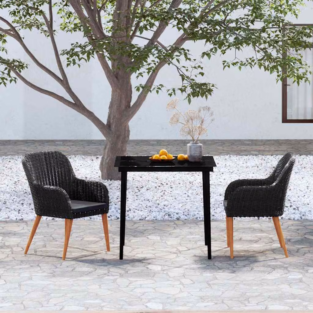 Set da pranzo da giardino vidaXL in rattan e legno di acacia con cuscini, tavolo quadrato in vetro e 2 sedie, nero e grigio